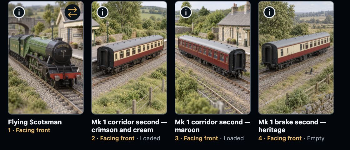 A saved train formation with a locomotive and three coaches in running order.