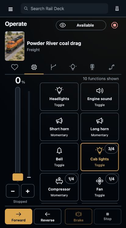 Rail Deck phone controls for a freight train, with functions, direction, brake and throttle.