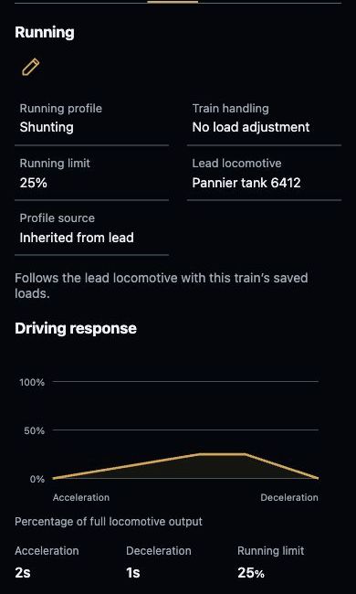 Saved train driving settings with gentle acceleration, brake response and a speed curve.