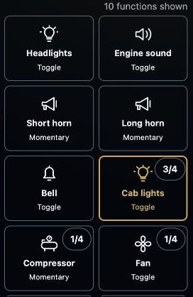 Cab lights available on three of four locomotives, with compressor and fan available on one of four.